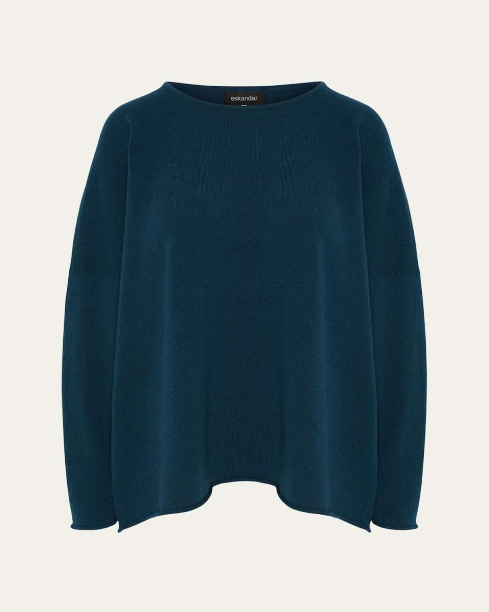 Slim-Sleeve Raw-Edge Bateau-Neck Sweater (Mid Plus Length)